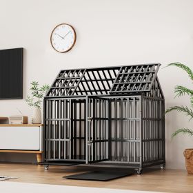 55" Heavy Duty Dog Crate Large Dog cage Strong Metal Dog Kennels and Crates for Large Dogs with 4 Lockable Wheels (Color: Black)