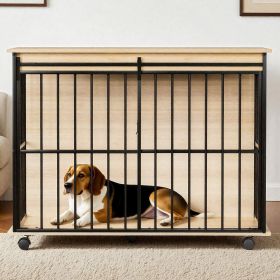 Dog Crate Furniture , Large Dog Cage Furniture with Tray for Medium Large Dogs, Wooden Dog Kennel Furniture (Main Material: MDF+Iron, Main Color: Black+Natural)